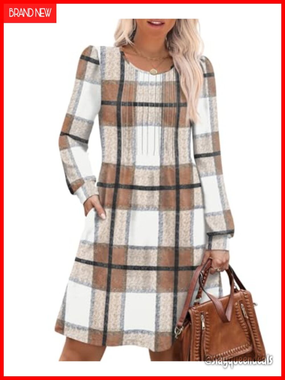 Pleated Crew Neck Long Sleeve A-Line Babydoll Sweater Dress with Pockets